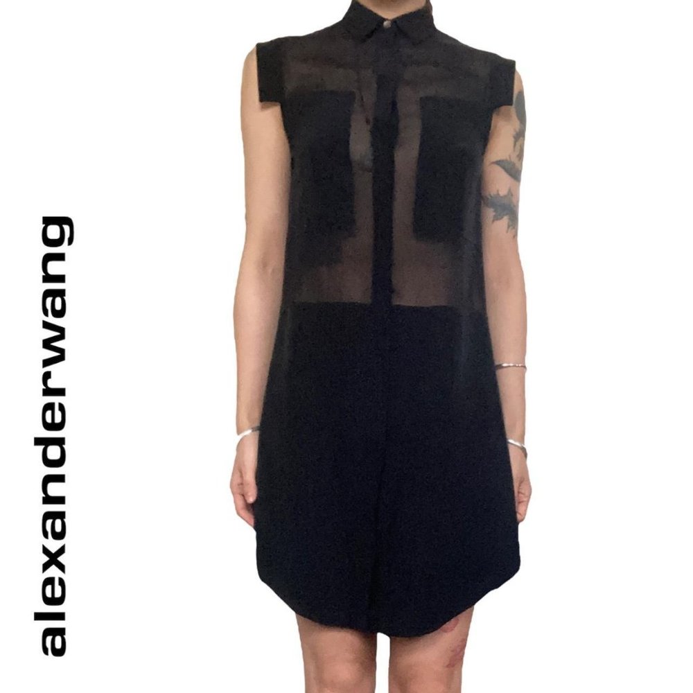 alexander wang sheer mesh panel black silk button up shirt midi dress size 2